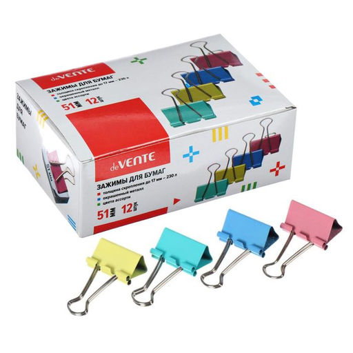 Набор зажимов для бумаг deVENTE, 51 мм, 12 шт., металлические, МИКС × 4 цвета, картонная коробка