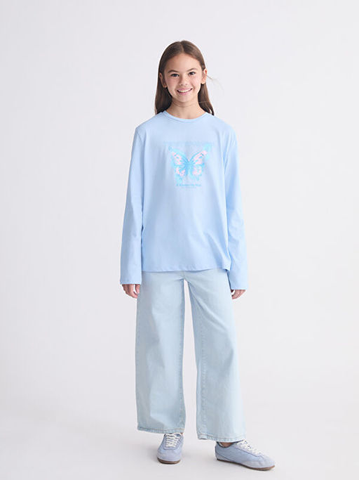 Bisiklet Yaka Uzun Kollu Bask?l? K?z ?ocuk Ti??rt