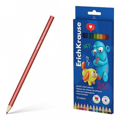 Цена за 10 шт. Цветные карандаши пластиковые ErichKrause Jolly Friends шестигранные, грифель 3 мм, 12 цветов (в коробке с европодвесом 12 шт)