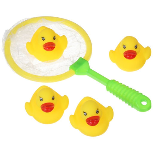 Резиновые игрушки для ванны Крошка Я «Поймай уточку», в наборе сачок, 4 уточки с пищалкой