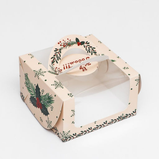 Коробка под бенто-торт с окном Новогодняя с шишками, 14 х 14 х 8 см - UPAK LAND фото 12