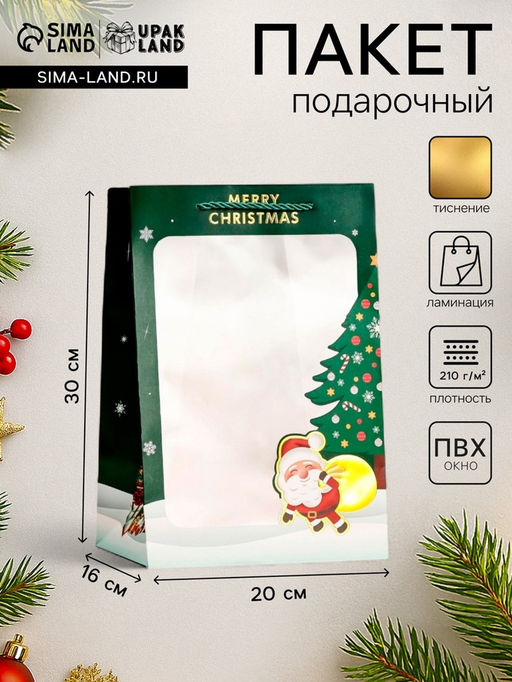 Цена за 10 шт. Пакет подарочный новогодний ламинированный, с окном Новогодний, 20?30?16 см
