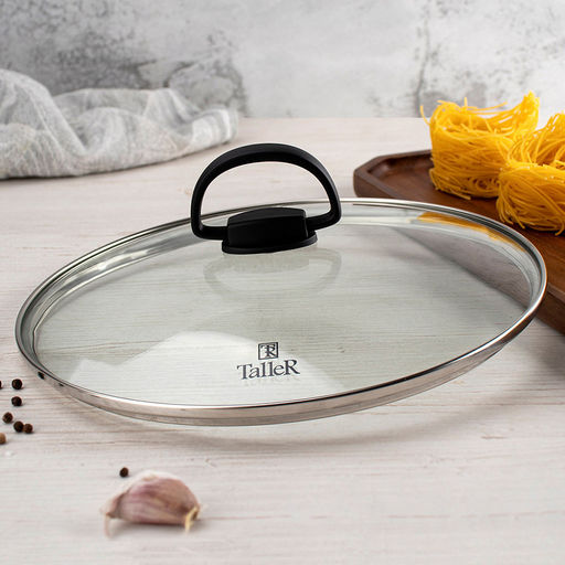 Крышка стеклянная д28см, h4см, жаропрочное стекло, термостойкий пластик (нейлон), складывающаяся ручка с покрытием soft-touch, ободок из нержавеющей стали, пароотвод, TalleR (Китай) - Домашняя мода фото 4
