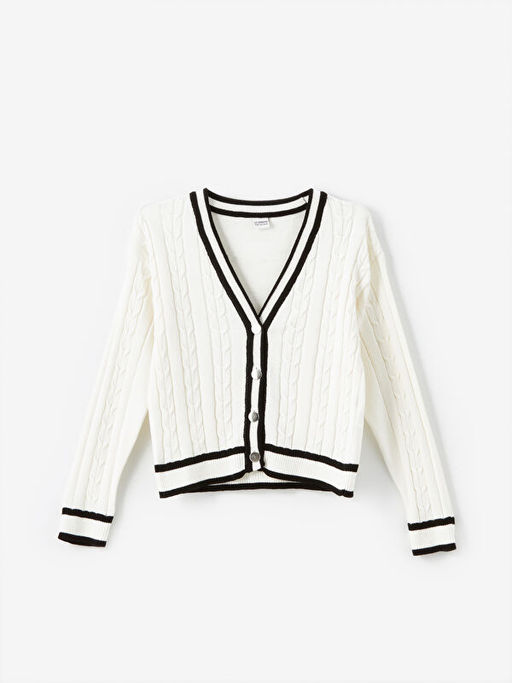 V Yaka Sa? ?rg?s? Desenli Uzun Kollu K?z ?ocuk Triko H?rka