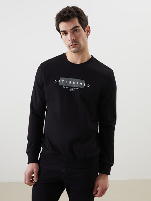 Bisiklet Yaka Uzun Kollu Bask?l? Erkek Sweatshirt