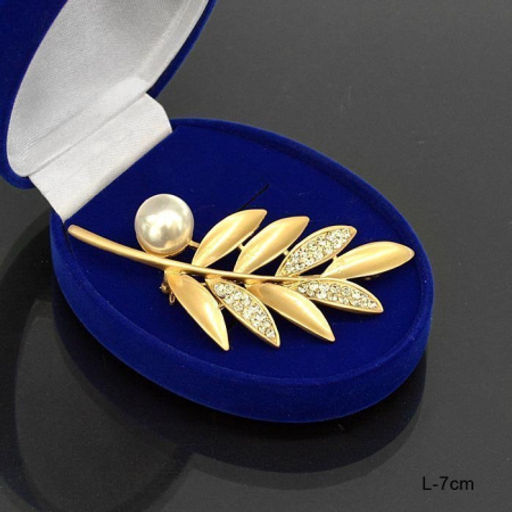 Брошь Лист 7 см / 59-13/1/ /уп 12/ с жемчугом/ золото - Галеонтрейд фото 2