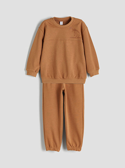 Bisiklet Yaka Dinozor Bask?l? Erkek ?ocuk Sweatshirt ve E?ofman Alt? 2li Tak?m