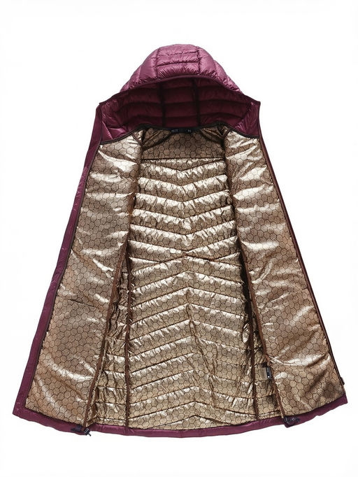 Куртка женская удлинённая стёганая с капюшоном и графеновой подкладкой бордового цвета 9628_1Bo