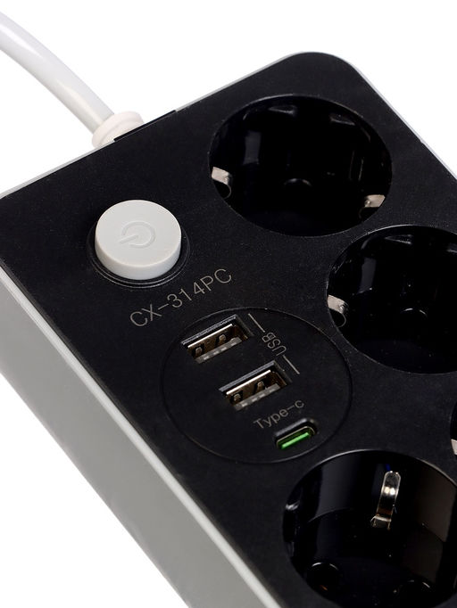 Удлинитель сетевой, 4 розетки, 2 м, 1300 Вт, 3×0.75 мм2, 2 USB-A, USB-C, 2.1 А, с заземлением, с выключателем