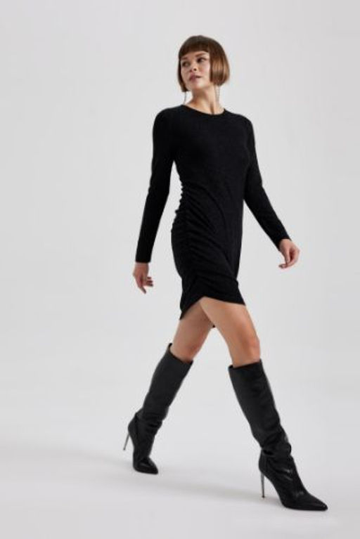 Bodycon Vucudu Saran Yuvarlak Yaka Parlak Kumas Uzun Kollu Mini Elbise