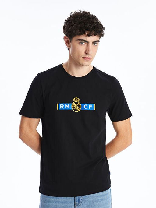 Bisiklet Yaka K?sa Kollu Real Madrid Bask?l? Erkek Taraftar Ti??rt