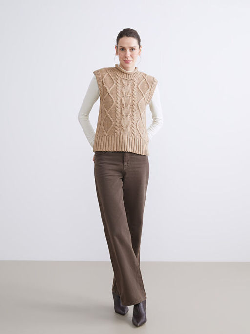 Dik Yaka Kendinden Desenli Kad?n Triko S?veter