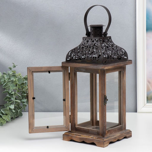 Деревянный подсвечник-фонарь на 1 свечу «Срезной крышей», т. коричневый, 33×14.5×14.5 см