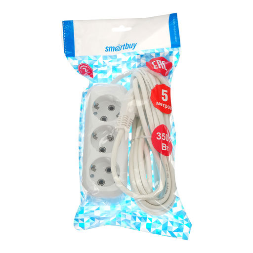 Удлинитель Smartbuy, 3 розетки, 5 м, 16 А, 3600 Вт, ПВС 3х1 мм2, с з/к, белый