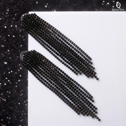 Серьги висячие со стразами Водопад домик, чёрные в сером металле,10 см - Qf фото 2