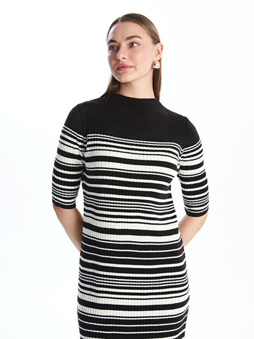 Bisiklet Yaka ?izgili K?sa Kollu Kad?n Triko Elbise