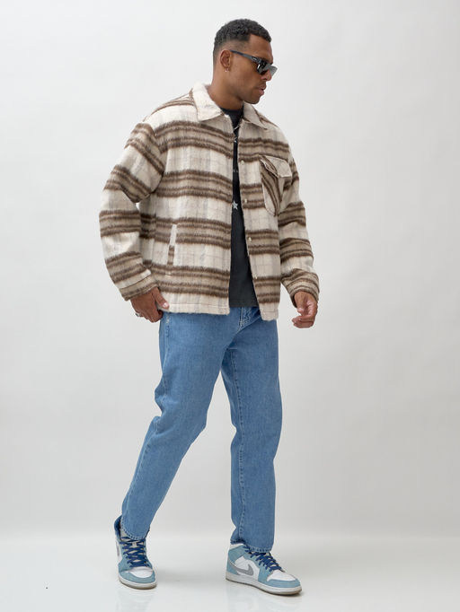 Куртка рубашка шерстяная в клетку мужская демисезонная коричневого цвета 58565K