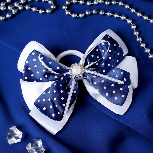 Цена за 6 шт. Бант для волос на резинке «Школьница», цветок и горошек, 13 см, бело-синий