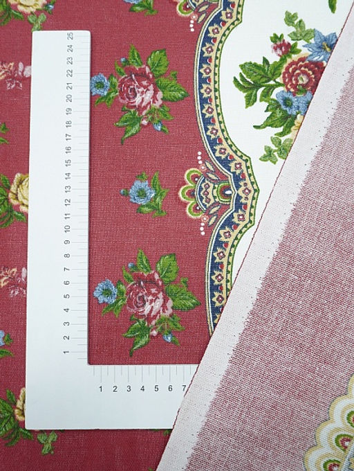Рогожка Царица цветов - букеты по кайме цв.т.красно-бордовый, ш.1.5м, хл-100%, 160гр/м.кв - Купава фото 2