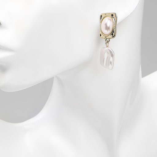 Серьги с жемчугом Эксклюзив мятый прямоугольник, цвет золото