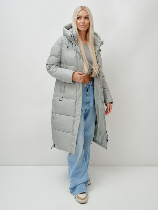 Пальто утепленное стеганное зимнее с капюшоном женское зеленого цвета 9608Z