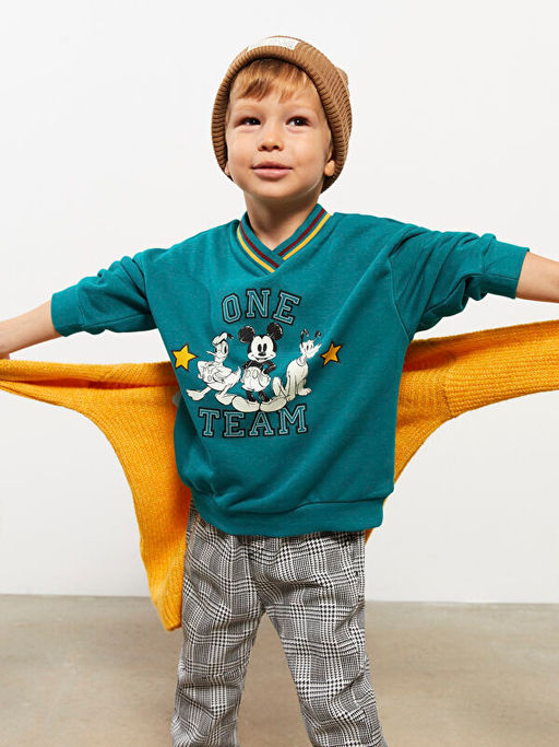 V Yaka Uzun Kollu Mickey Mouse Bask?l? Erkek Bebek Sweatshirt - Waikiki фото 2