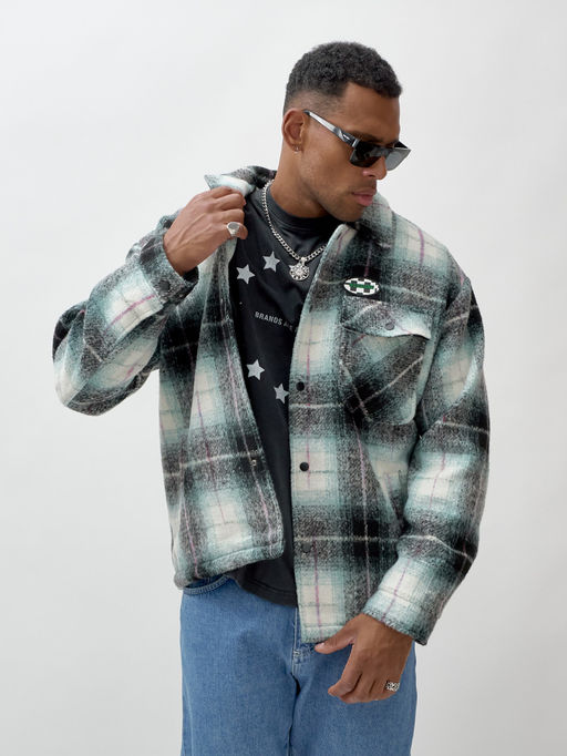 Куртка рубашка шерстяная в клетку мужская демисезонная зеленого цвета 58592Z