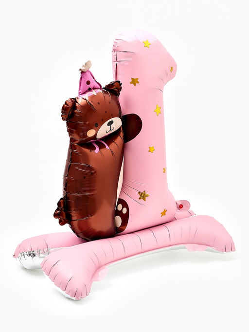 Цена за 2 шт. Воздушный шар фольгированный 32" "Цифра 1 с мишкой"  цвет розовый, под воздух