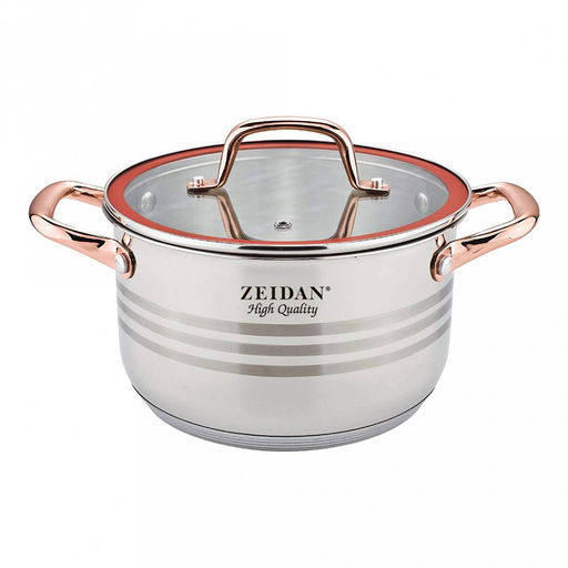 Zeidan Кастрюля из нержавеющей стали 2,1л, д16см, стеклянная крышка с декоративным кантом, ручки под золото, 5-ти степовое капсулированное индукционное дно, мерная шкала, подарочная упаковка (Китай) Подходит для индукционных плит.