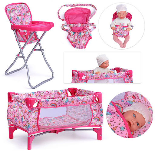 Набор аксессуаров для кукол (стульчик для кормления, манеж, переноска, сумка) единорожка в пакете