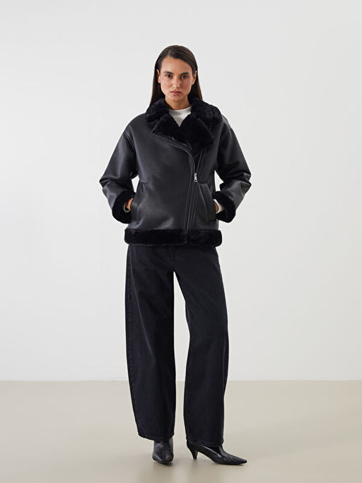 K?rk Yaka Kad?n Deri G?r?n?ml? Mont