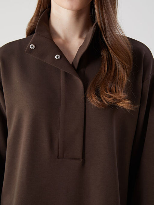 Dik Yaka D?z Oversize Kad?n Sweatshirt Tunik