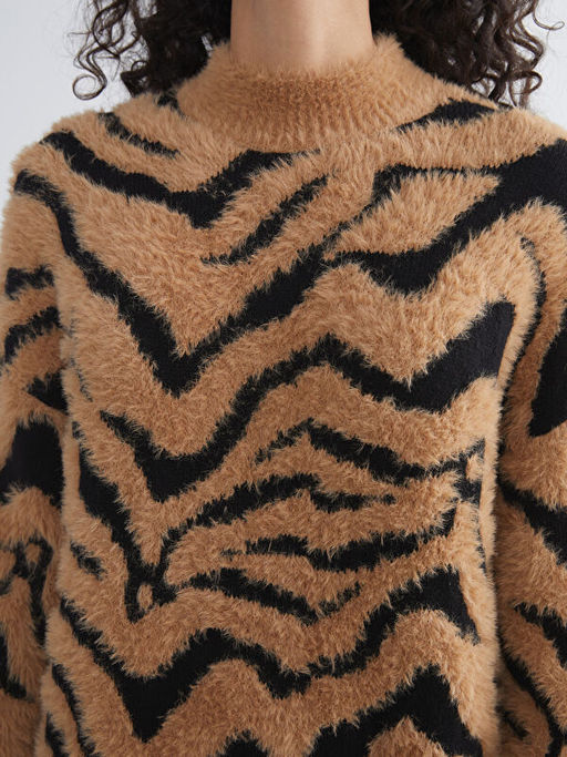 Dik Yaka Leopar Desenli Kad?n Triko Tunik