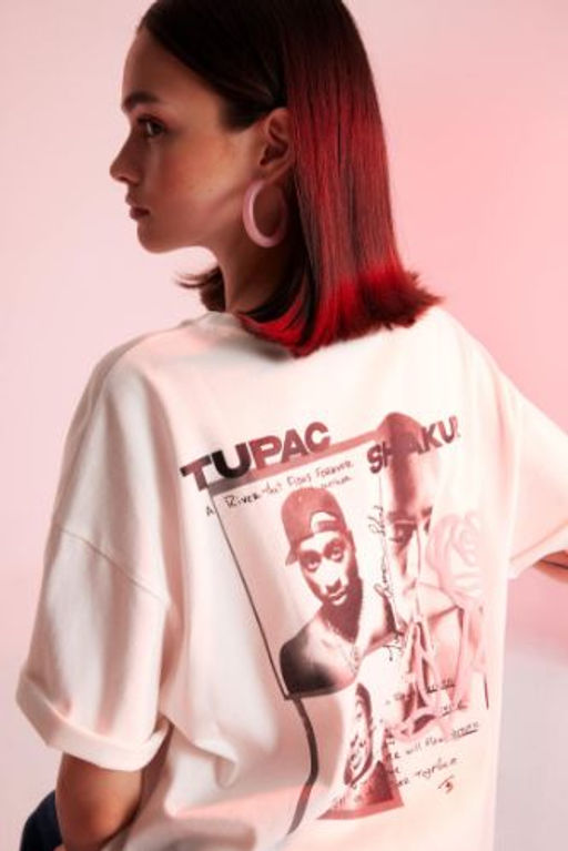 Tupac Shakur Oversize Genis Kal?p Bisiklet Yaka S?rt Bask?l? K?sa Kollu Tisort
