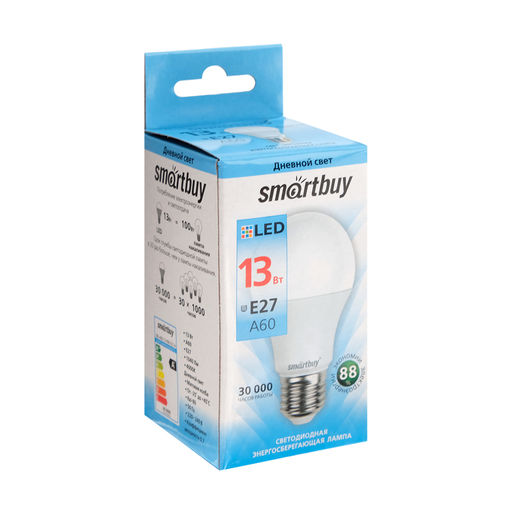Цена за 2 шт. Лампа cветодиодная Smartbuy, E27, A60, 13 Вт, 4000 К, дневной белый свет