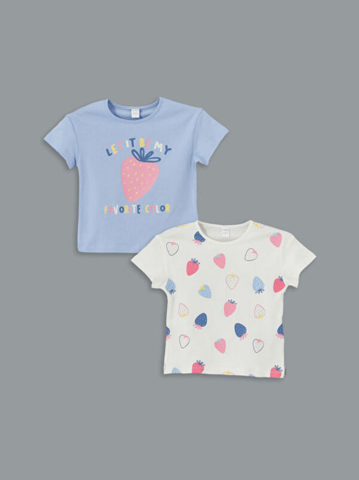 Bisiklet Yaka Bask?l? K?z ?ocuk Ti??rt 2li