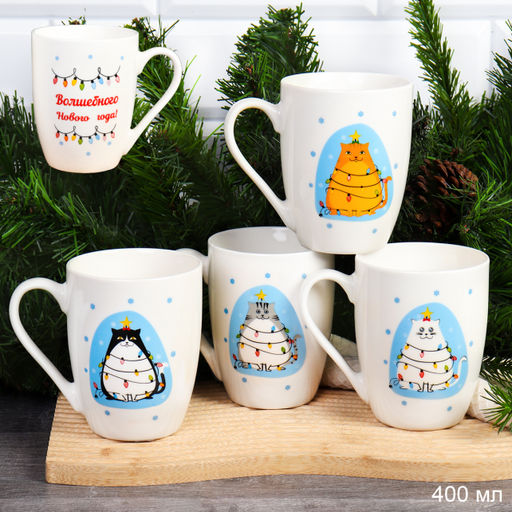Кружка 400 мл Новогодние пожелания MIX / CAT-517-mix /уп 72/новогодняя