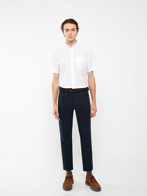 Regular Fit K?sa Kollu Keten Kar???ml? Erkek G?mlek