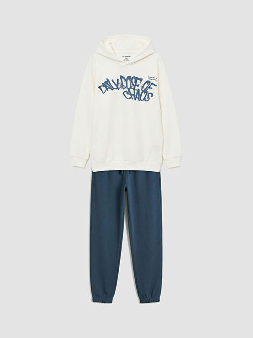 Kap??onlu Bask?l? Erkek ?ocuk Sweatshirt ve E?ofman Alt?