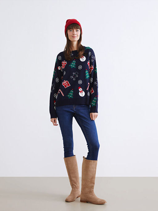 Bisiklet Yaka Y?lba?? Temal? Kad?n Triko Kazak