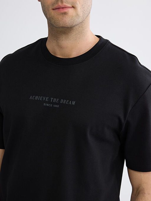 Oversize Fit Bisiklet Yaka Bask?l? Erkek Ti??rt