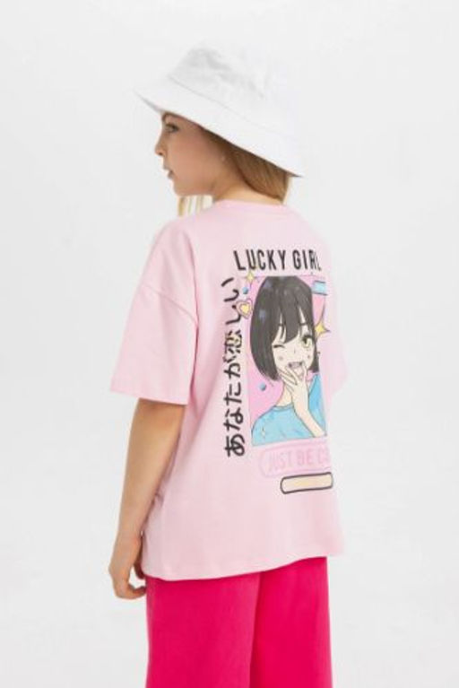 K?z Cocuk Oversize Genis Kal?p Bisiklet Yaka S?rt Bask?l? K?sa Kollu Tisort