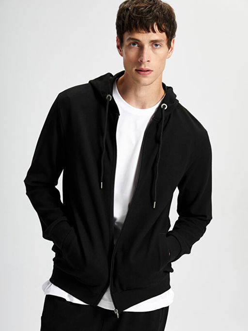 Kap??onlu Uzun Kollu Erkek Fermuarl? Sweatshirt