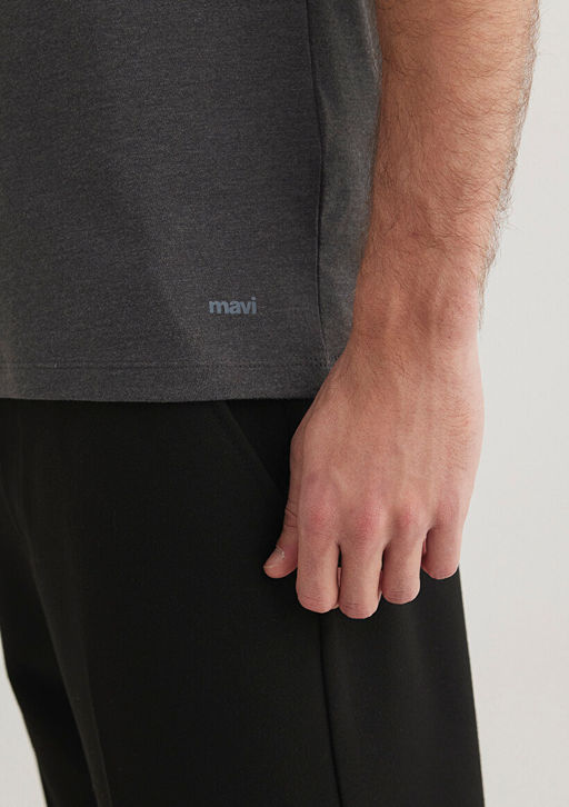 Stretch V Yaka Gri Basic Tisort - Mavi фото 6