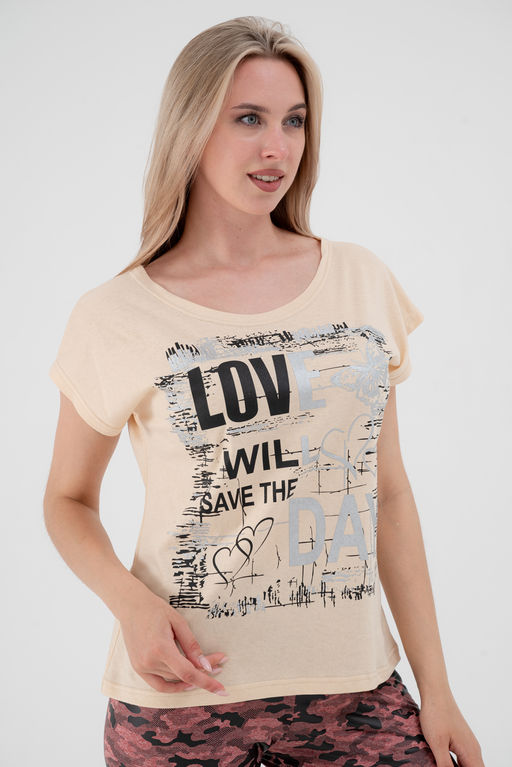 Футболка женская со спущенным плечом из кулирки Лира топленое молоко с принтом Love - Амадэль фото 3