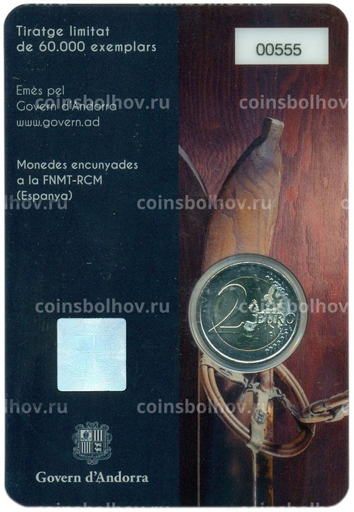 Монета 2 евро 2024 года Андорра 100 лет лыжному спорту в Андорре (в блистере)