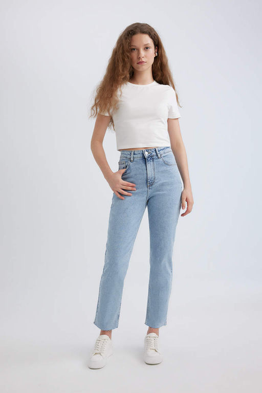 Джинсовые брюки прямого кроя Mary Vintage длиной до щиколотки с высокой талией и потертостями - Defacto фото 4