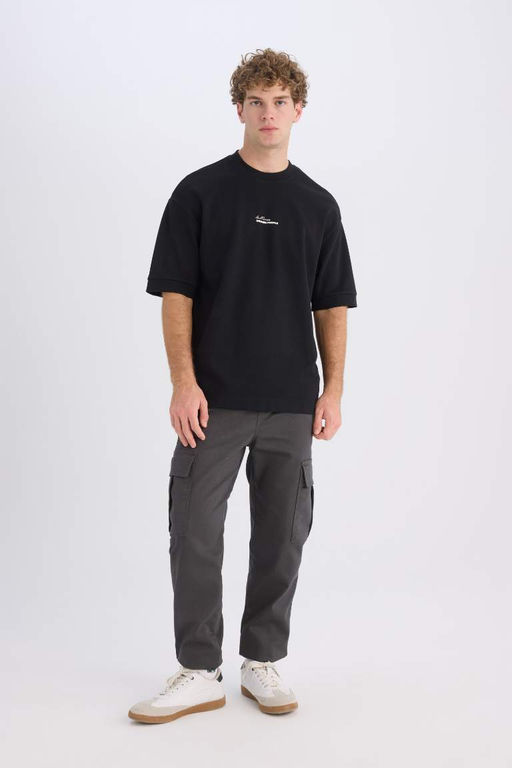 Loose Fit Bisiklet Yaka Bask?l? Ag?r Kumas K?sa Kollu Tisort - Defacto фото 3