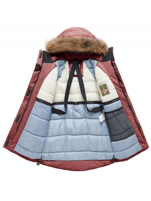 Парка зимняя подростковая для девочки с капюшоном и мехом бордового цвета 9534Bo