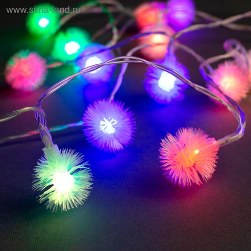 Гирлянда Нить 3 м с насадками Ёжики, IP20, прозрачная нить, 20 LED, батарейки AAх3 (нет в комплекте), свечение мульти